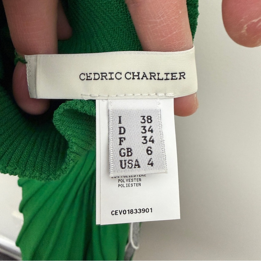 CEDRIC CHARLIER Green Pleated Dress with White Trim SIZE 4 - Picture 4 of 5